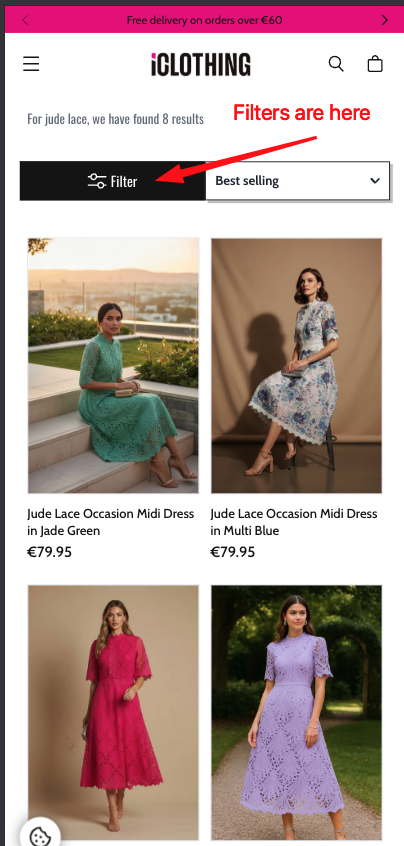 Real world example of a mobile search results page with filters hidden behind a button